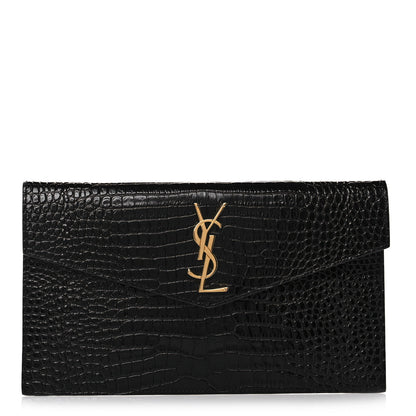 Saint Laurent Calfskin Crocodile Embossed Uptown Monogram Clutch Black 1 of 7