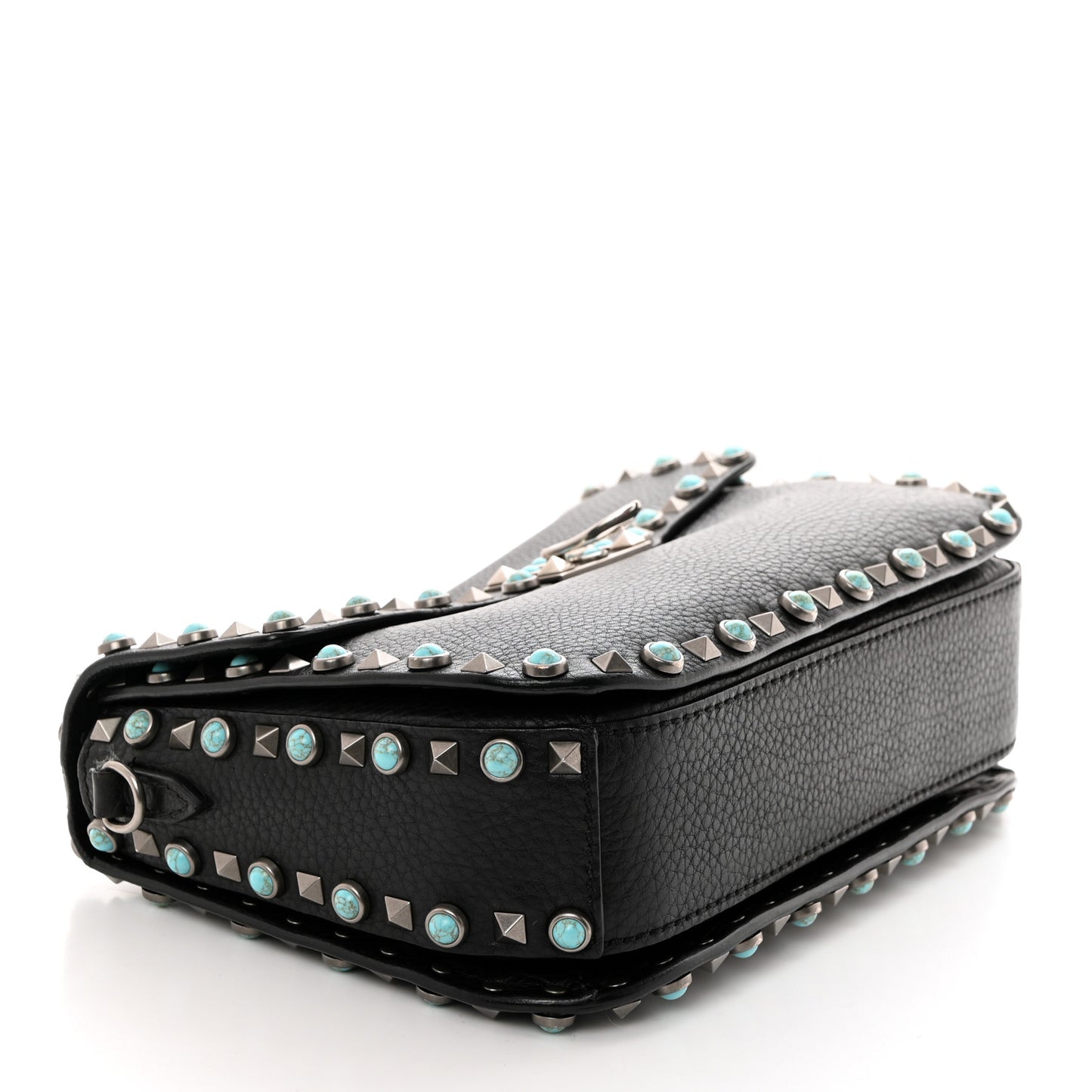 Pebbled Calfskin Turquoise Medium Guitar Strap Rockstud Rolling Flap Saddle Bag Black