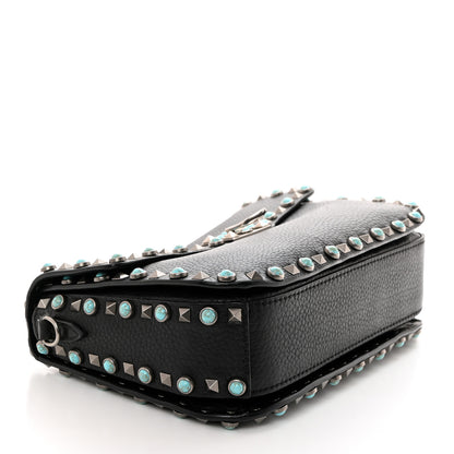 Valentino Garavani Pebbled Calfskin Turquoise Medium Guitar Strap Rockstud Rolling Flap Saddle Bag Black 4 of 10