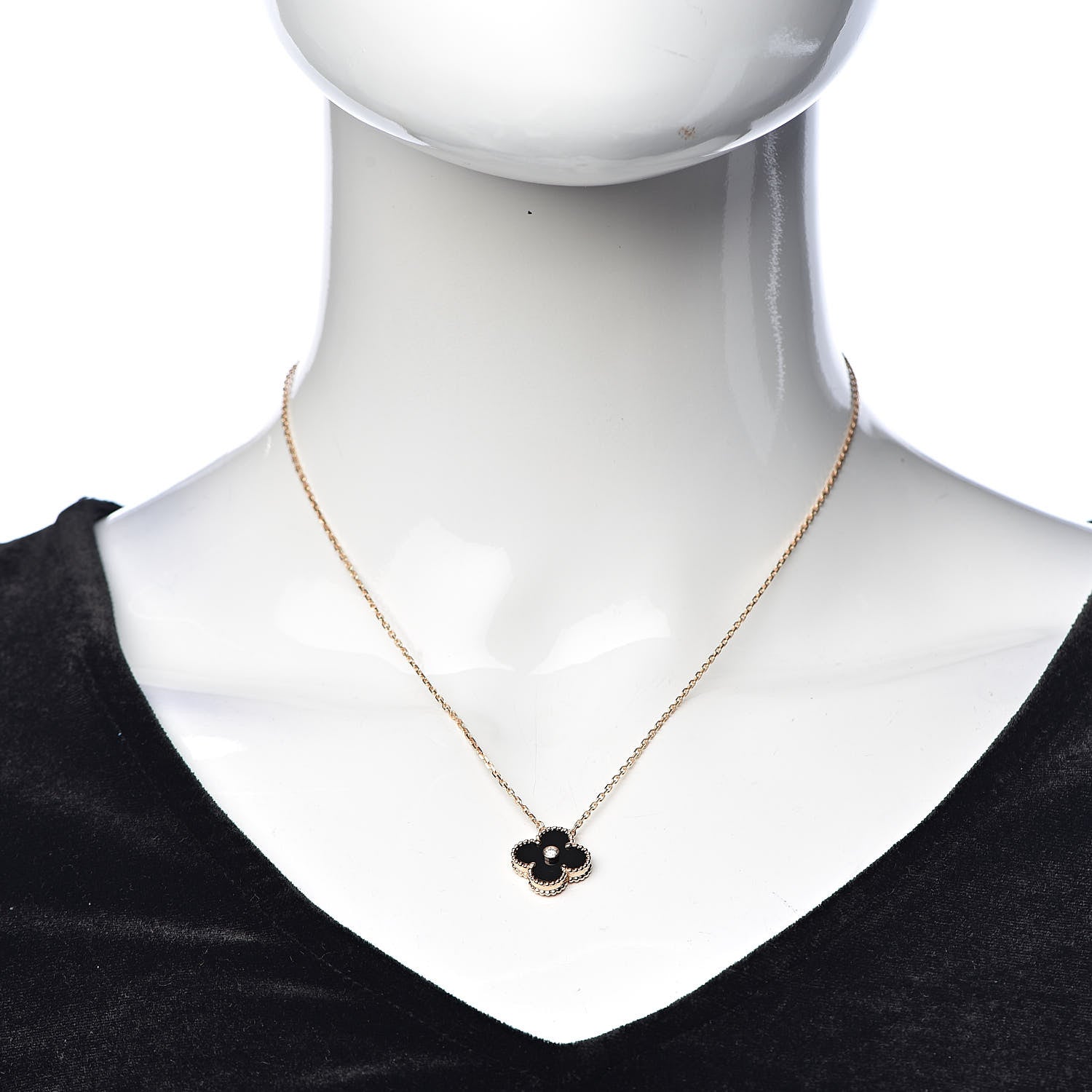 Van Cleef & Arpels 18K Rose Gold Diamond Black Onyx Vintage Alhambra Pendant Necklace 2 of 8
