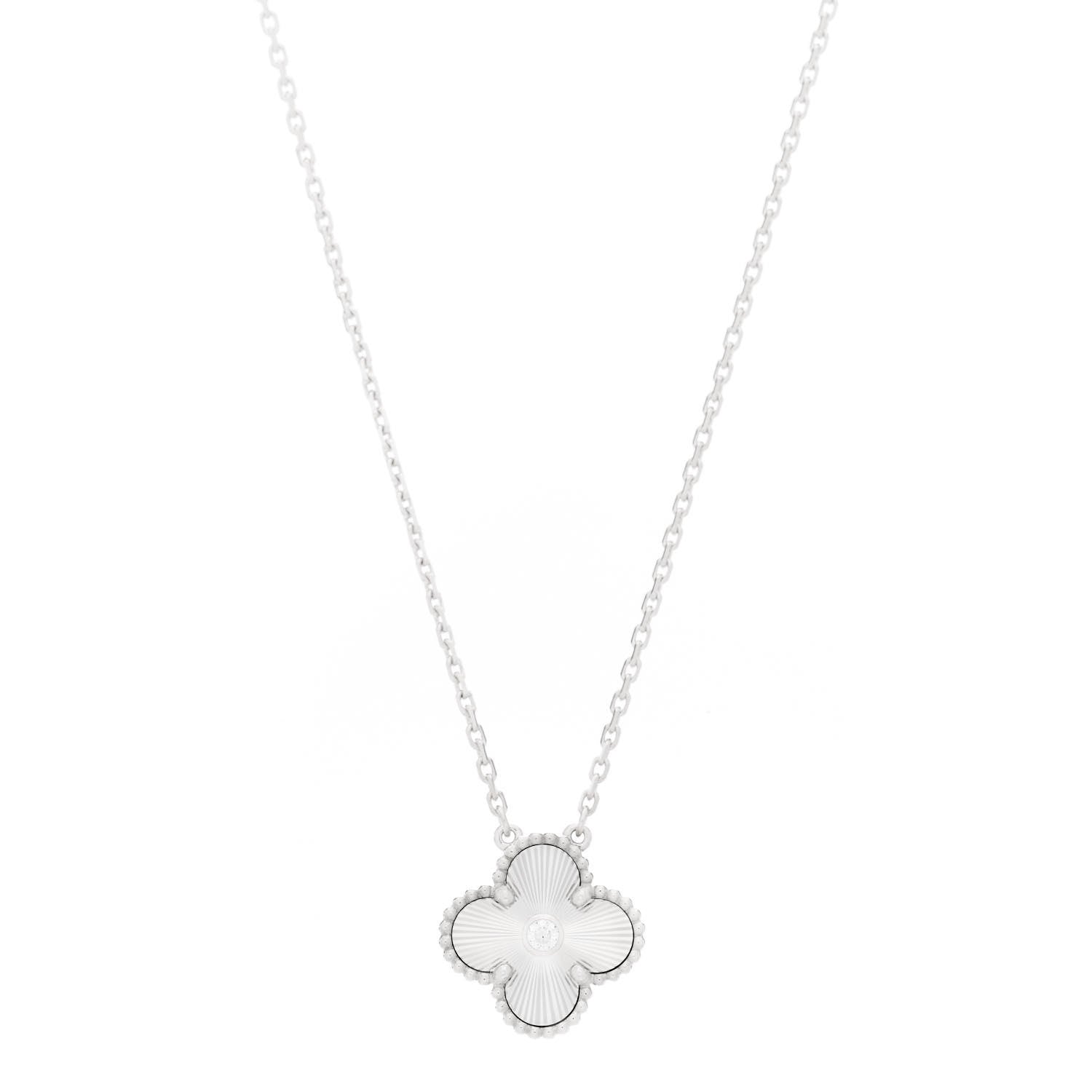 Van Cleef & Arpels 18K White Gold Diamond Guilloche Vintage Alhambra Pendant Necklace 1 of 8