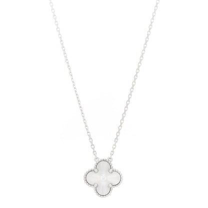 Van Cleef & Arpels 18K White Gold Diamond Guilloche Vintage Alhambra Pendant Necklace 1 of 8