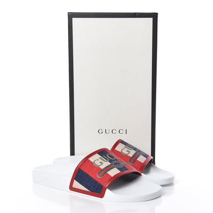 Gucci Canvas Sylvie Stripe Logo Mens Pursuit Slide Sandals 11 Mystic White Hibiscus Red Maritime 8 of 8