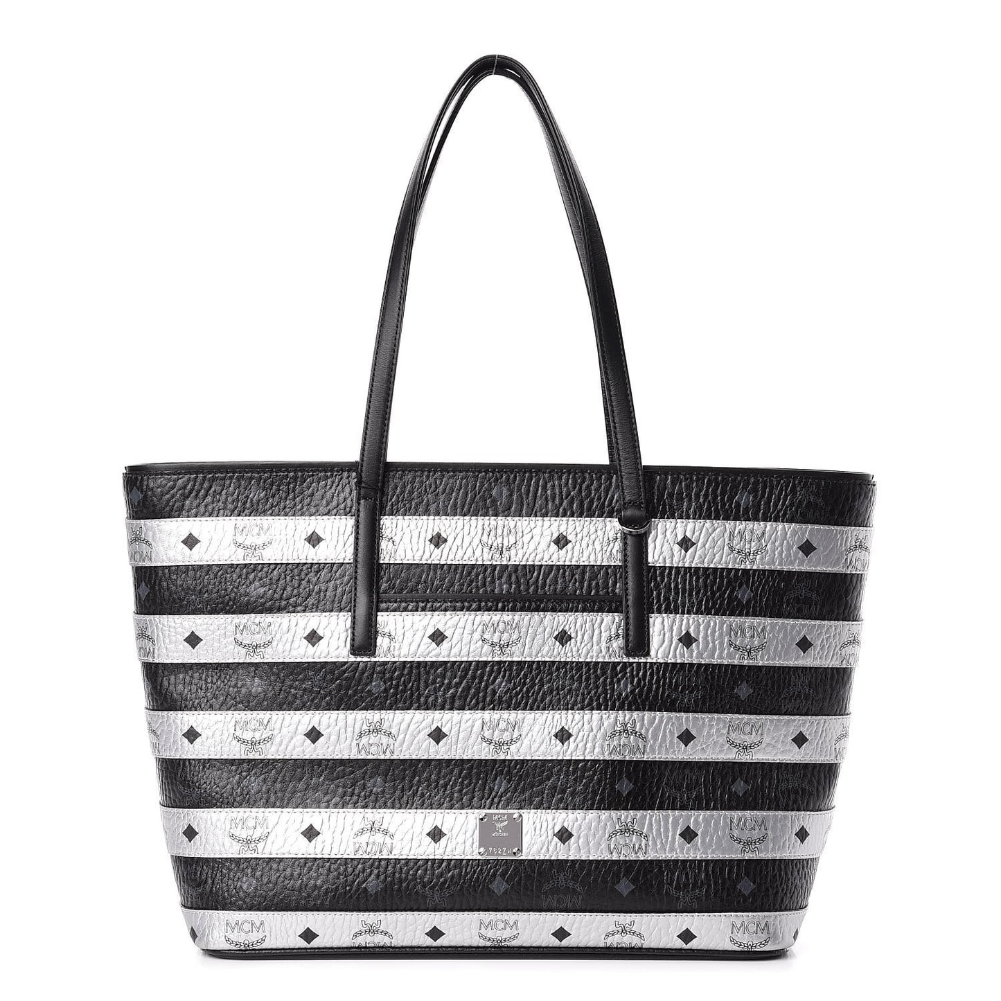 Metallic Visetos Striped Medium Anya Shopper Tote Black Silver