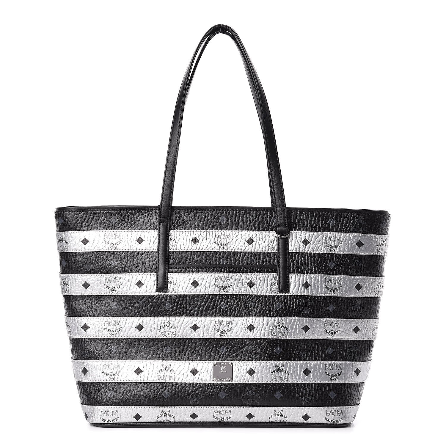 MCM Metallic Visetos Striped Medium Anya Shopper Tote Black Silver 1 of 11
