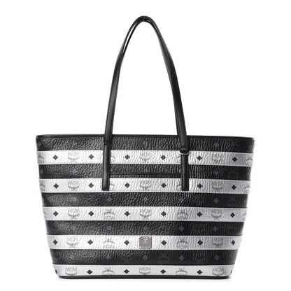 MCM Metallic Visetos Striped Medium Anya Shopper Tote Black Silver 1 of 11