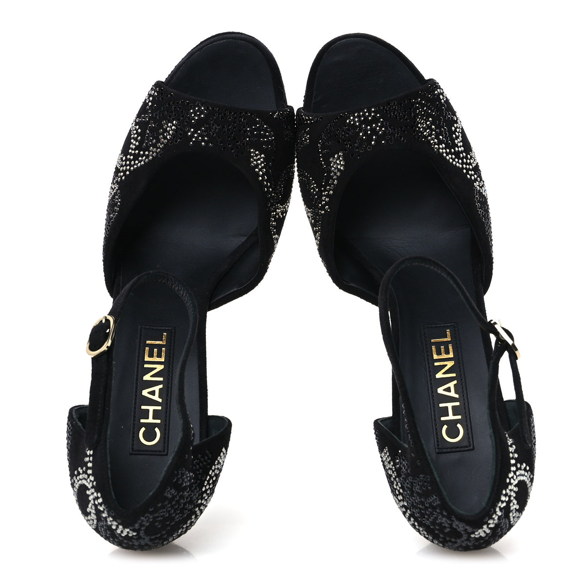 Suede Kidskin Strass CC Platform Sandals 40 Black Silver