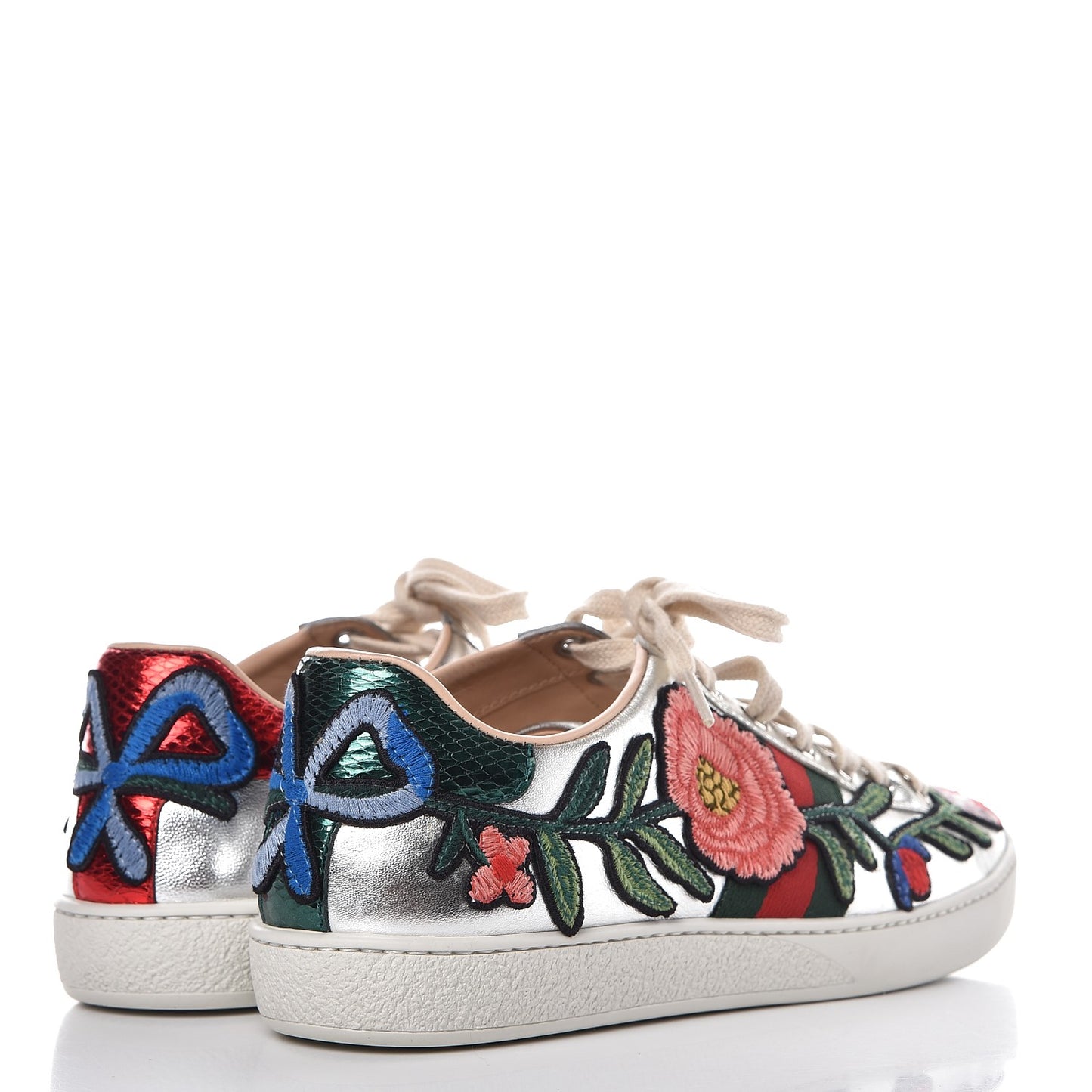 Metallic Calfskin Floral Embroidered Ace Sneakers 36.5 Silver