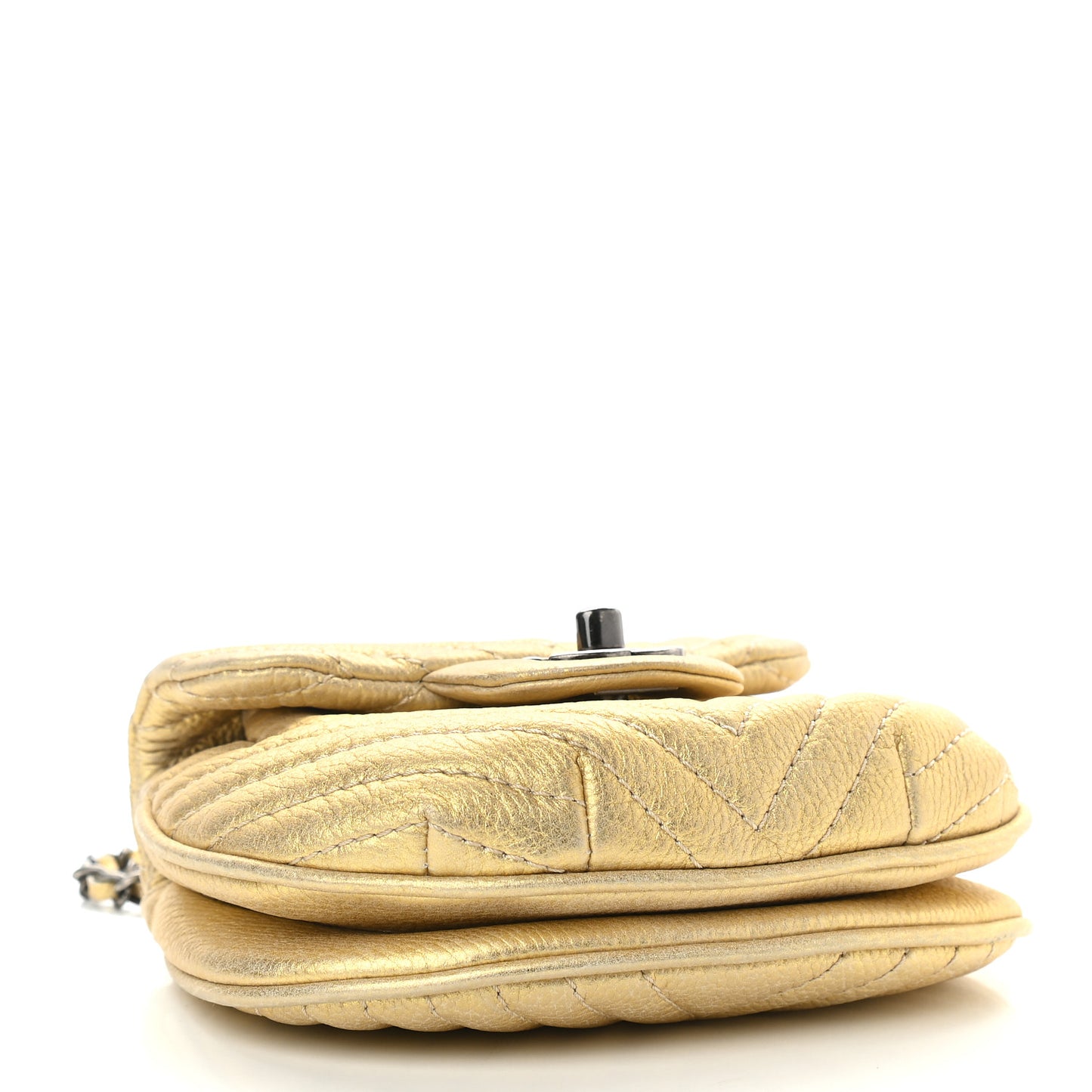 Metallic Aged Calfskin Chevron Small Bubble CC Flap Gold