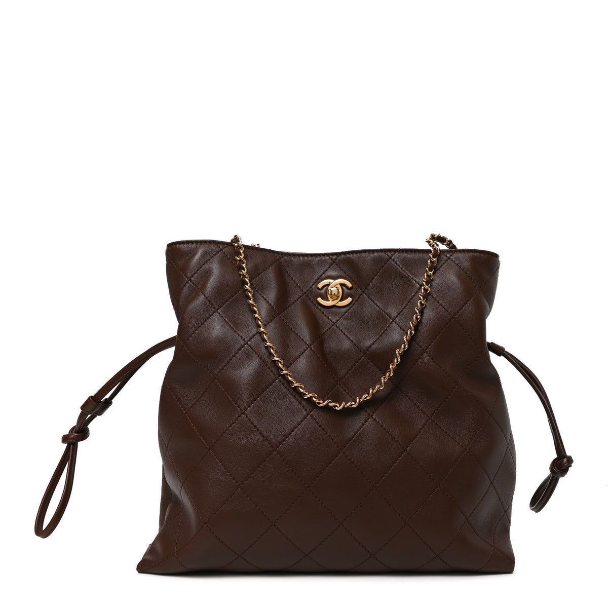 Lambskin Quilted Drawstring Shopping Bag  Dark Brown