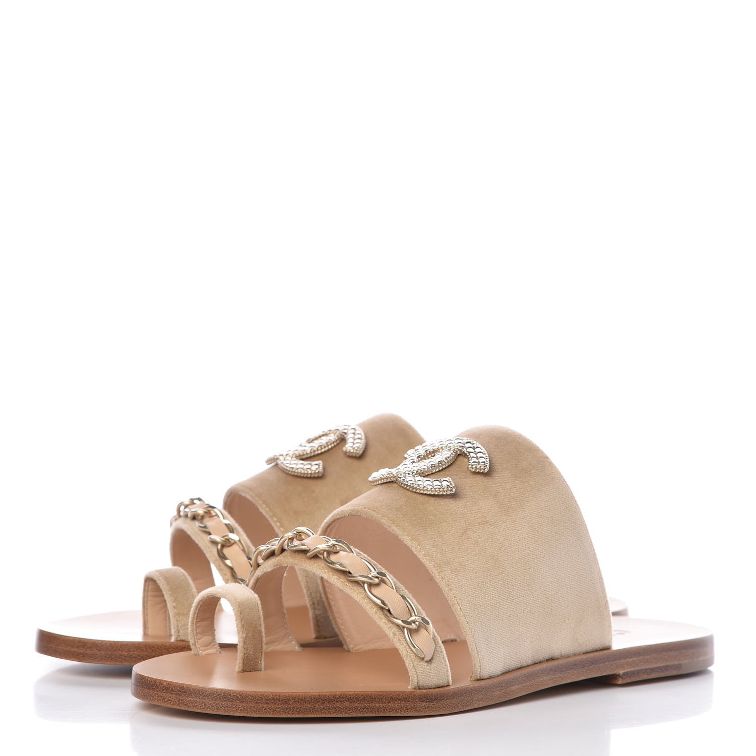 Chanel Velvet Chain Mule Sandals 37 Beige 3 of 9