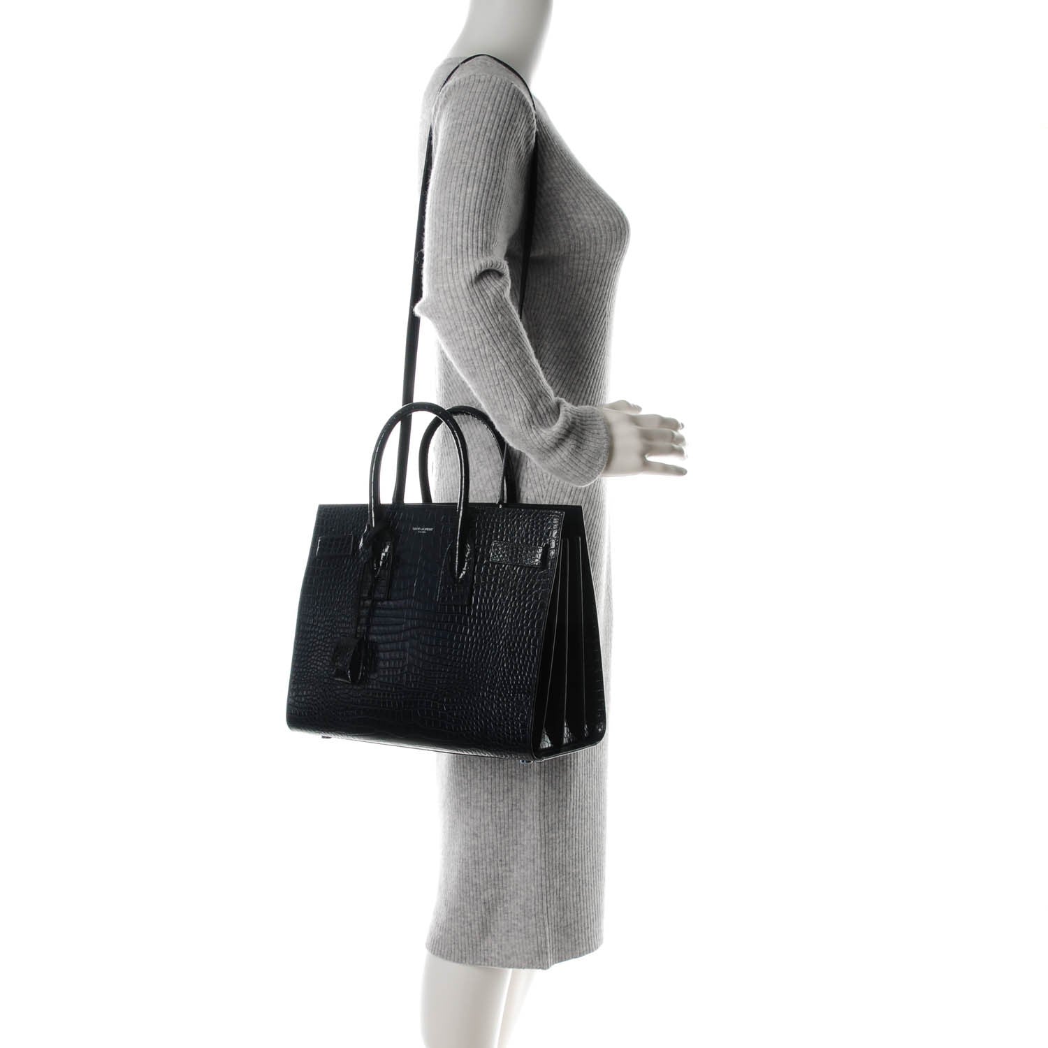 Saint Laurent Calfskin Crocodile Embossed Small Sac De Jour Deep Blue 2 of 7