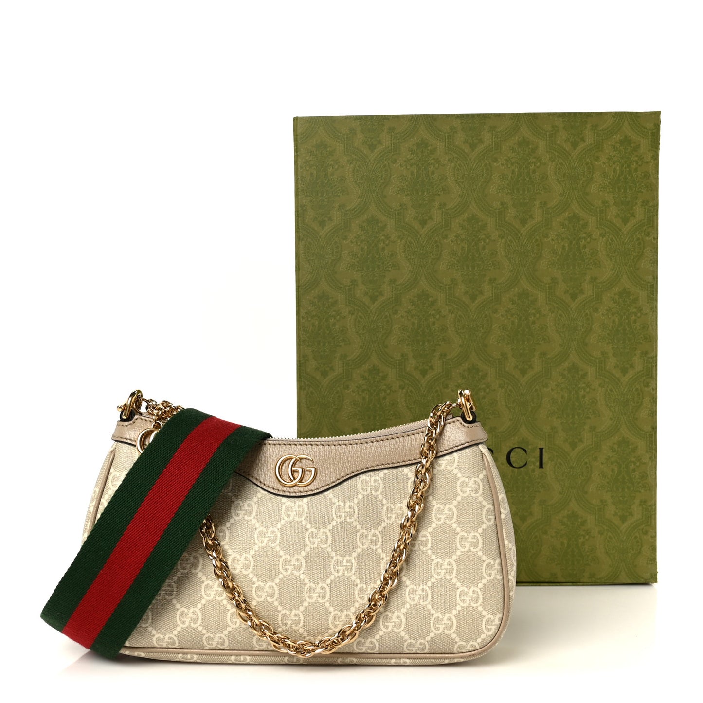 GG Supreme Monogram Textured Dollar Calfskin Web Small Ophidia GG Handbag Beige Mystic White Oatmeal