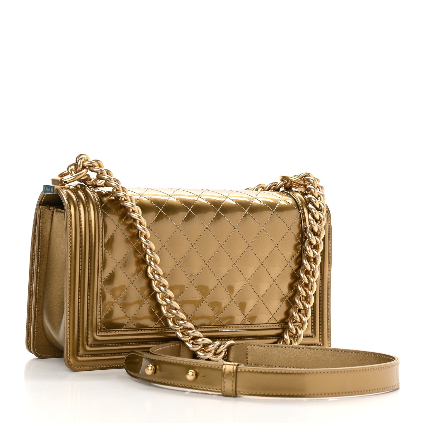 Metallic Patent Calfskin Quilted Medium Boy Flap Gold