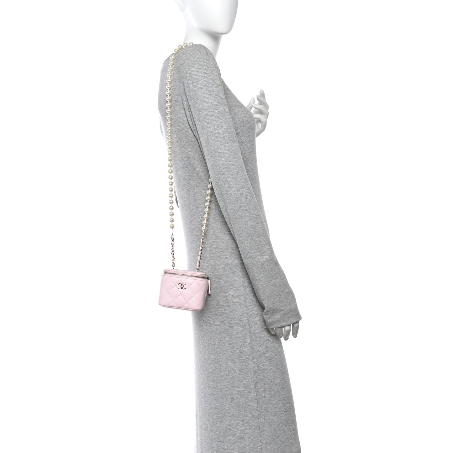 Lambskin Quilted Mini Vanity Case With Pearl Chain  Light Pink