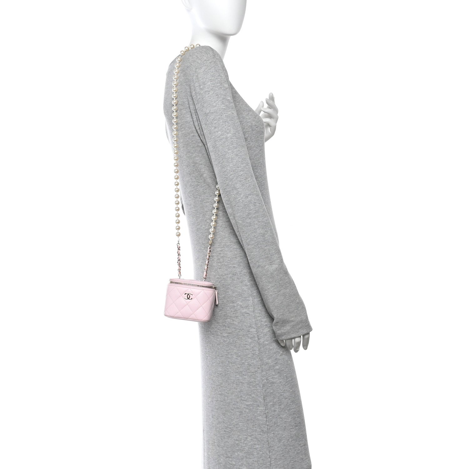 Chanel Lambskin Quilted Mini Vanity Case With Pearl Chain  Light Pink 2 of 11