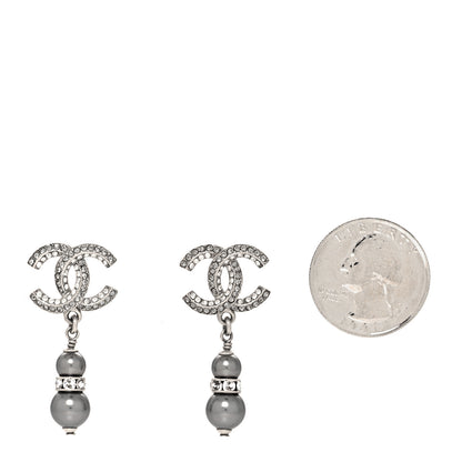 Chanel Crystal Pearl CC Drop Earrings Silver Grey 2 of 4