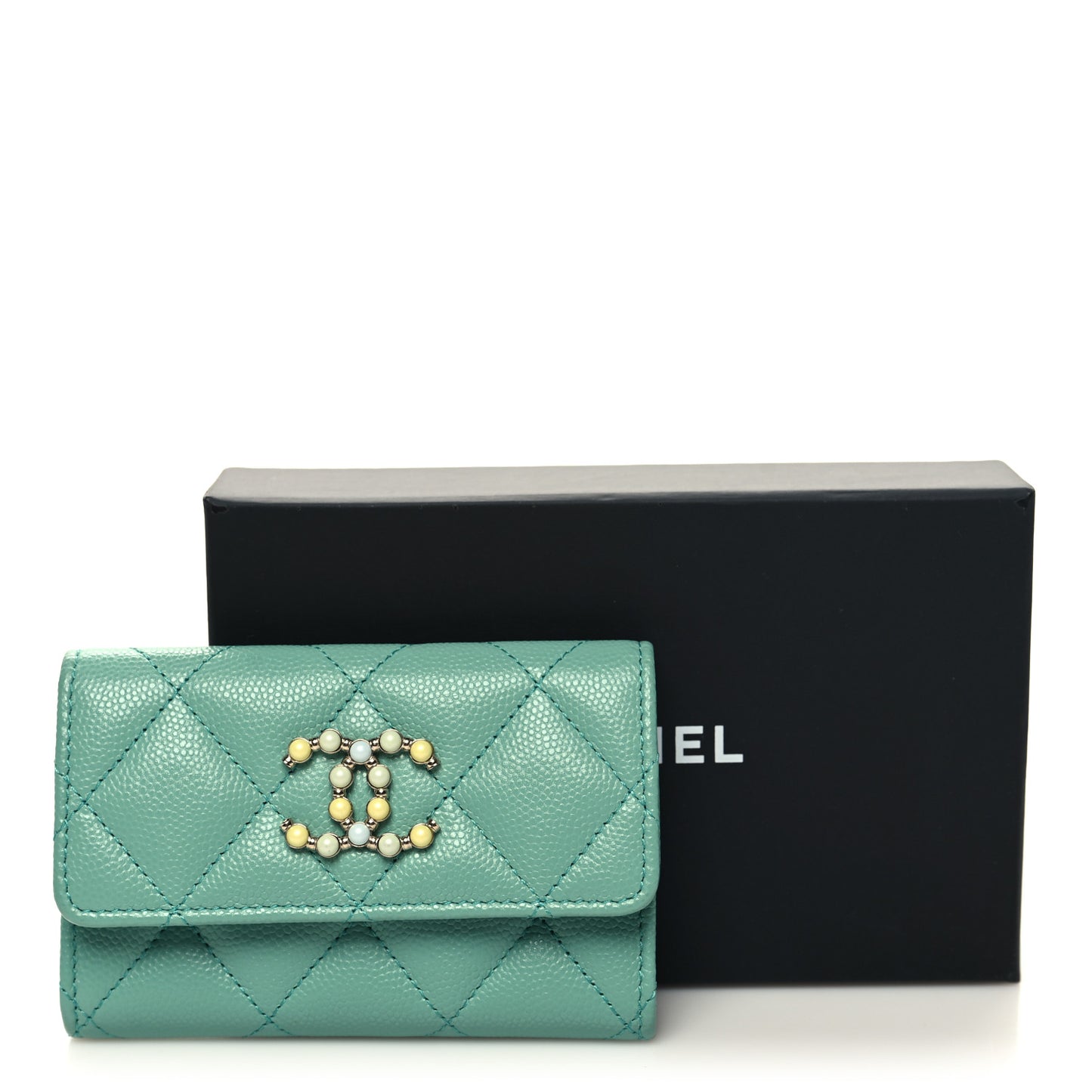 Caviar Pearl Quilted Coco Candy Flap Card Holder Turquoise