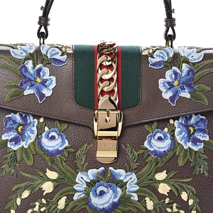 Gucci Calfskin Embroidered Medium Sylvie Top Handle Bag New Acero Multicolor 9 of 11