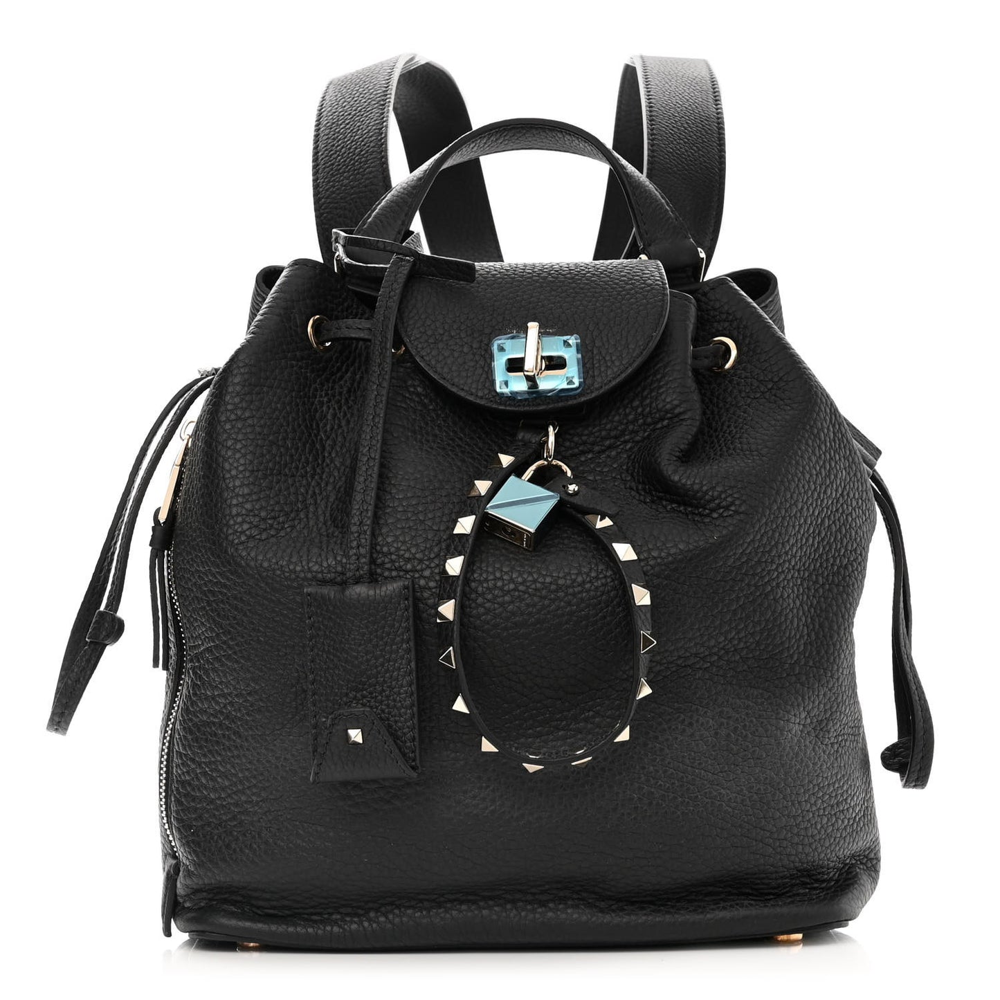 Pebbled Calfskin Rockstud Drawstring Backpack Black