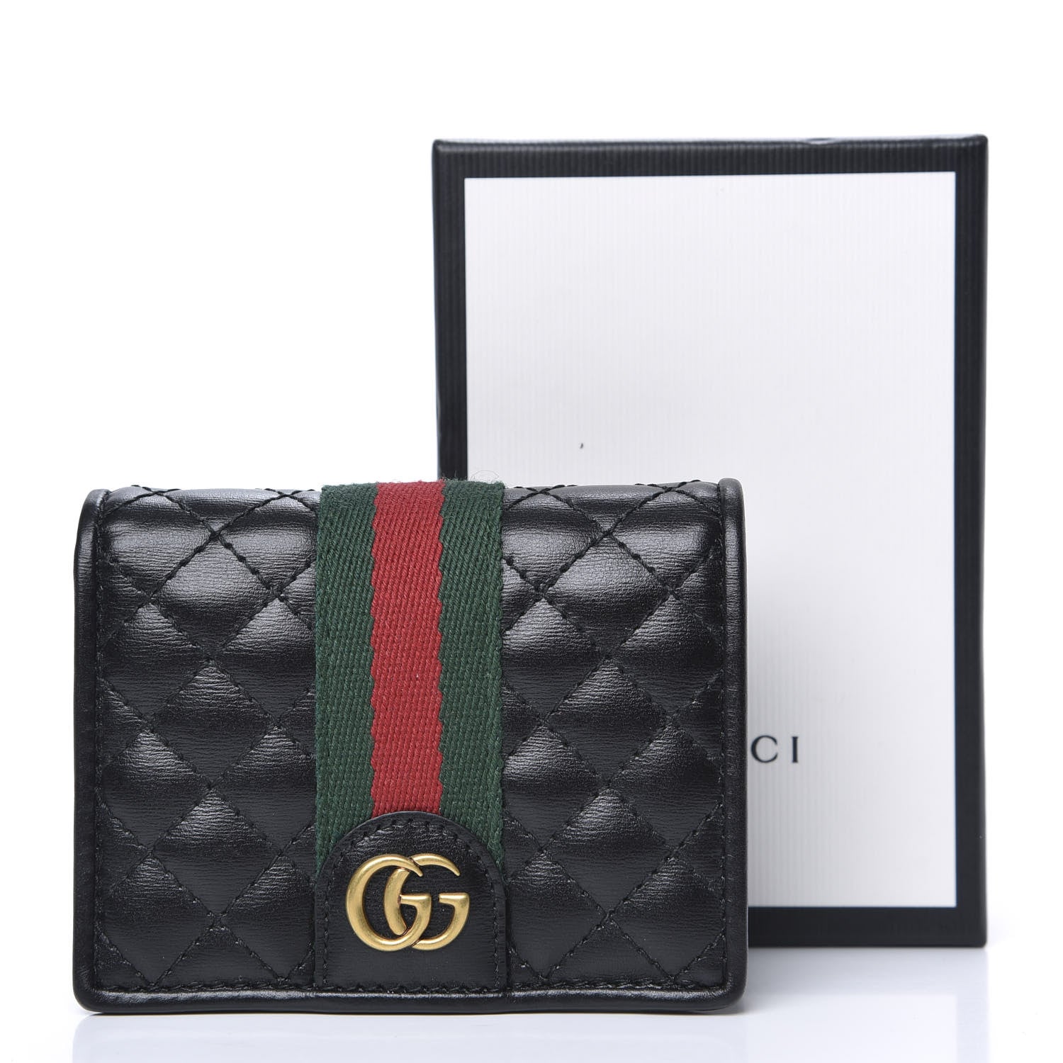 Gucci Calfskin Web Trapuntata GG Marmont Card Case Wallet Black 9 of 9