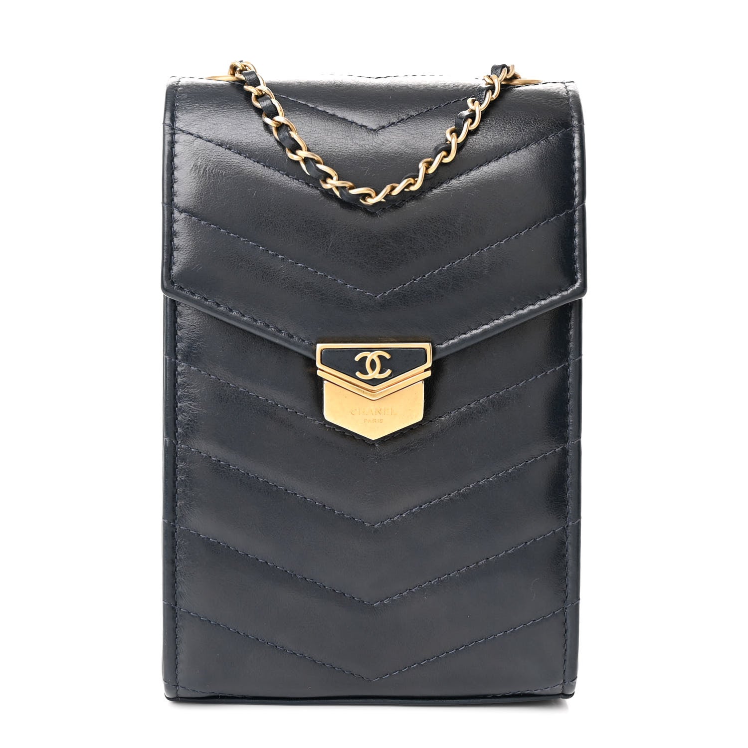 Chanel Calfskin Chevron Quilted Medal Mini Clutch With Chain Navy 1 of 11
