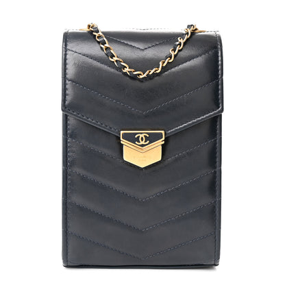 Chanel Calfskin Chevron Quilted Medal Mini Clutch With Chain Navy 1 of 11