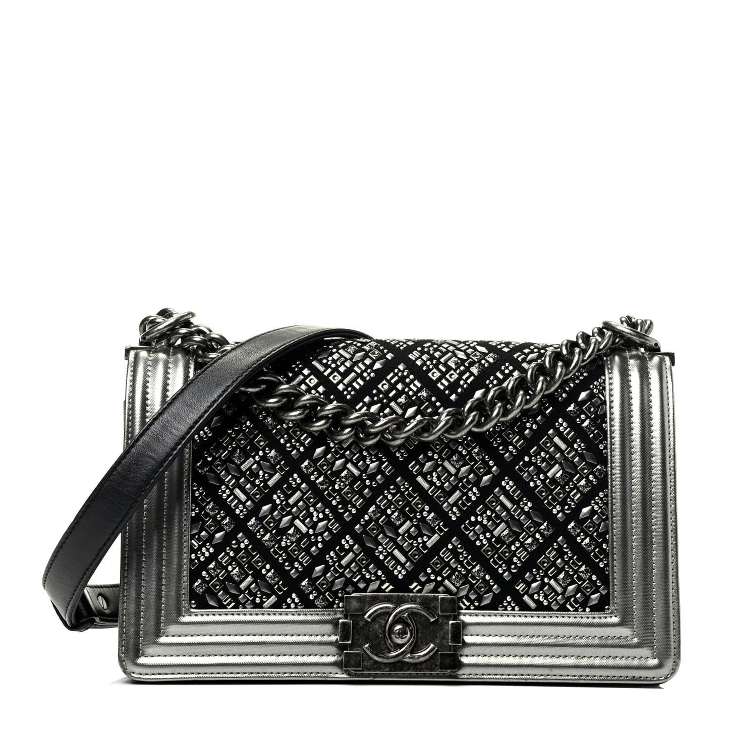 Metallic Lambskin Embellished Medium Boy Flap Black Silver