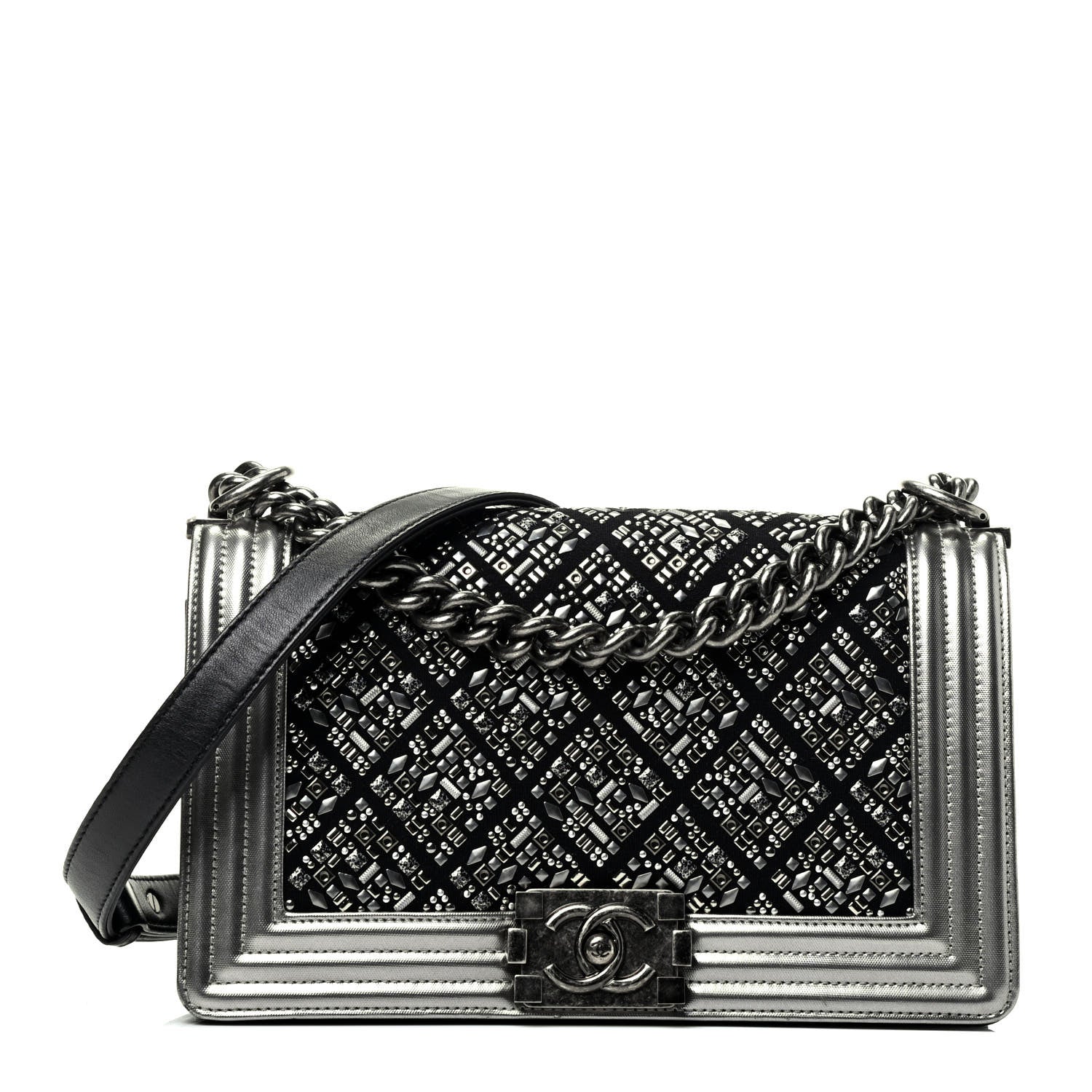 Chanel Metallic Lambskin Embellished Medium Boy Flap Black Silver 1 of 4