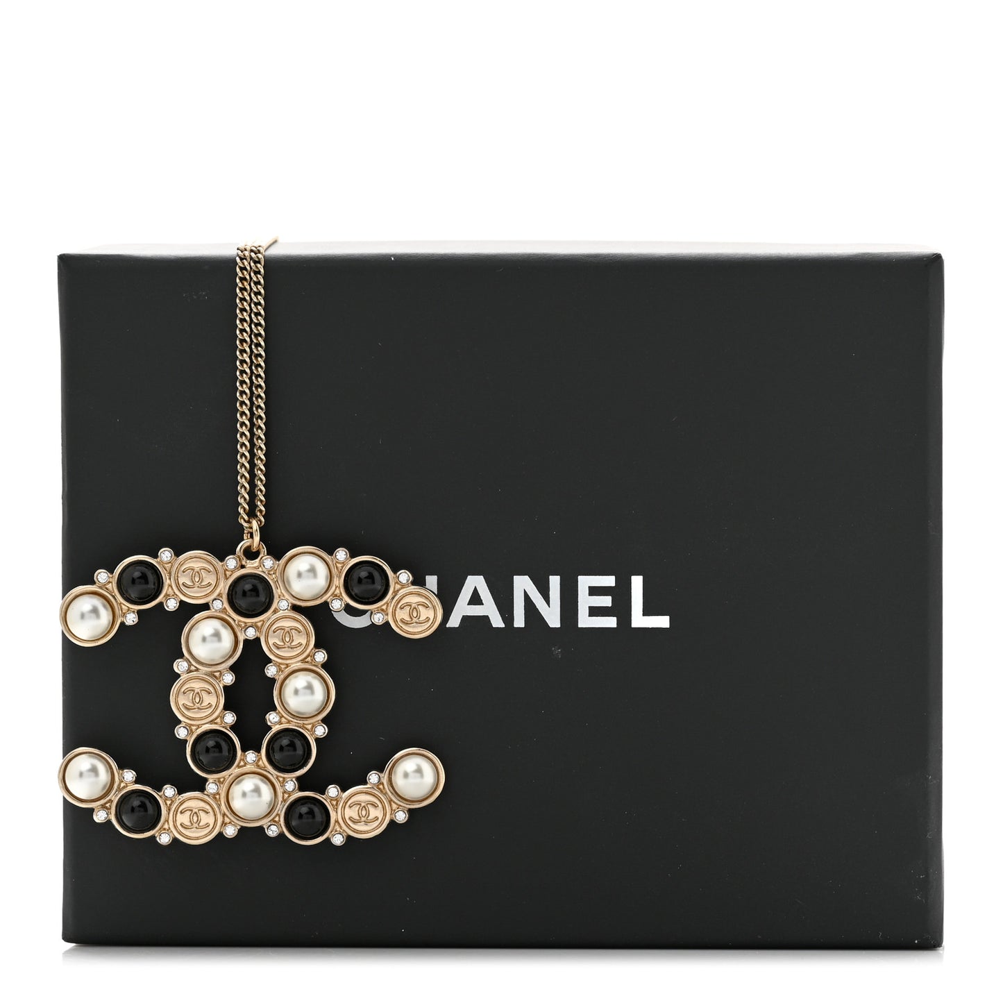Crystal Pearl CC Chain Necklace Gold Black