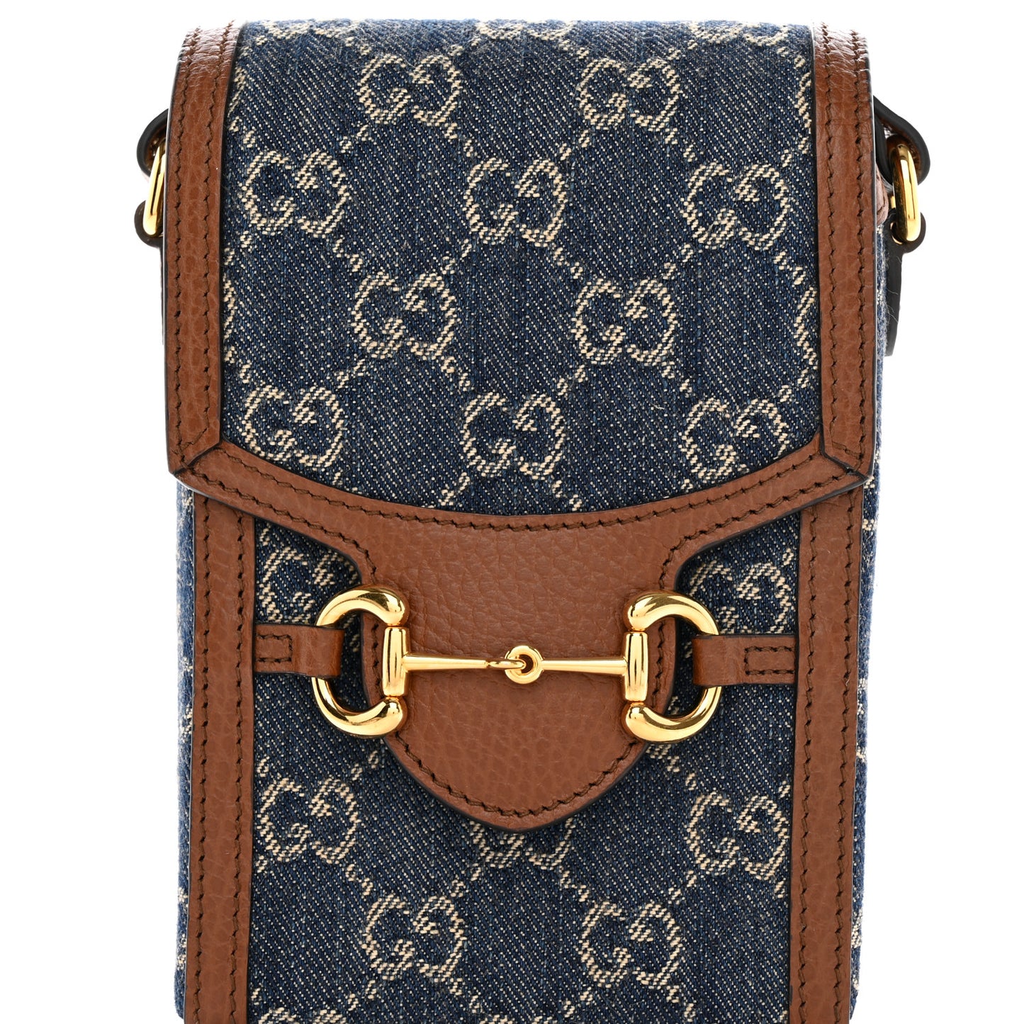 New Denim GG Monogram Dollar Calfskin Mini Horsebit 1955 Crossbody Bag Blue Tea Cuir Epilog