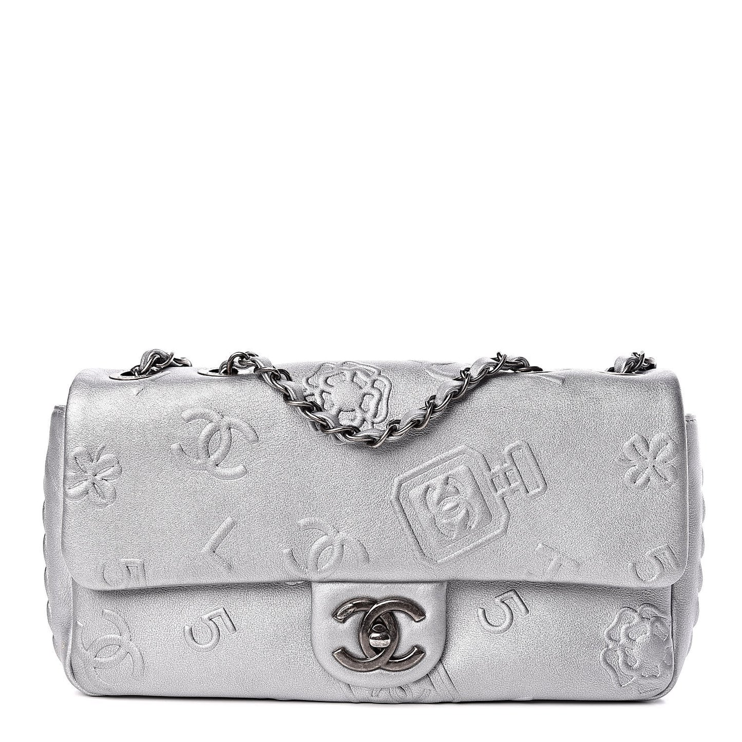 Metallic Lambskin Symbols Medium Single Flap Silver
