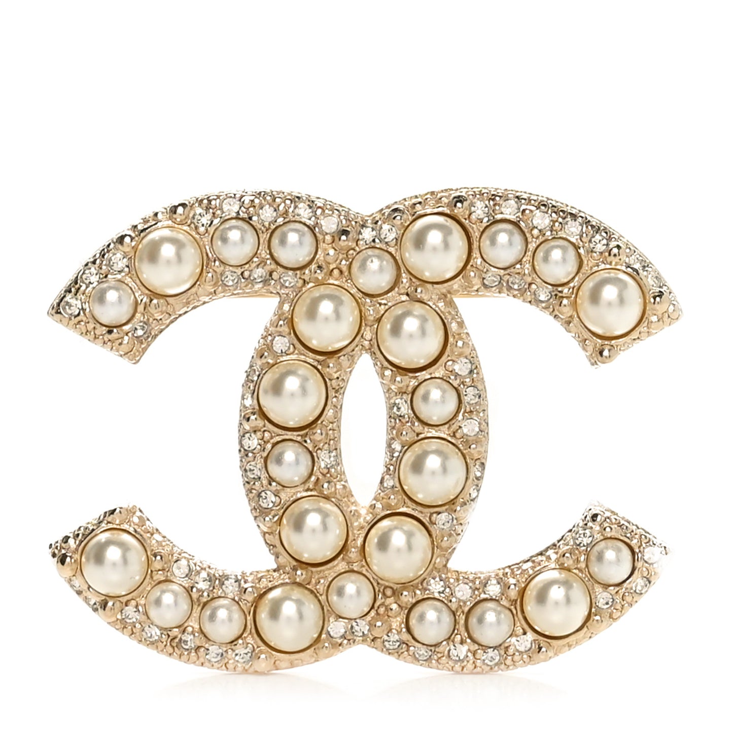 Metal Crystal Graduated Pearl CC Brooch Gold