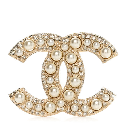 Chanel Metal Crystal Graduated Pearl CC Brooch Gold 1 of 4