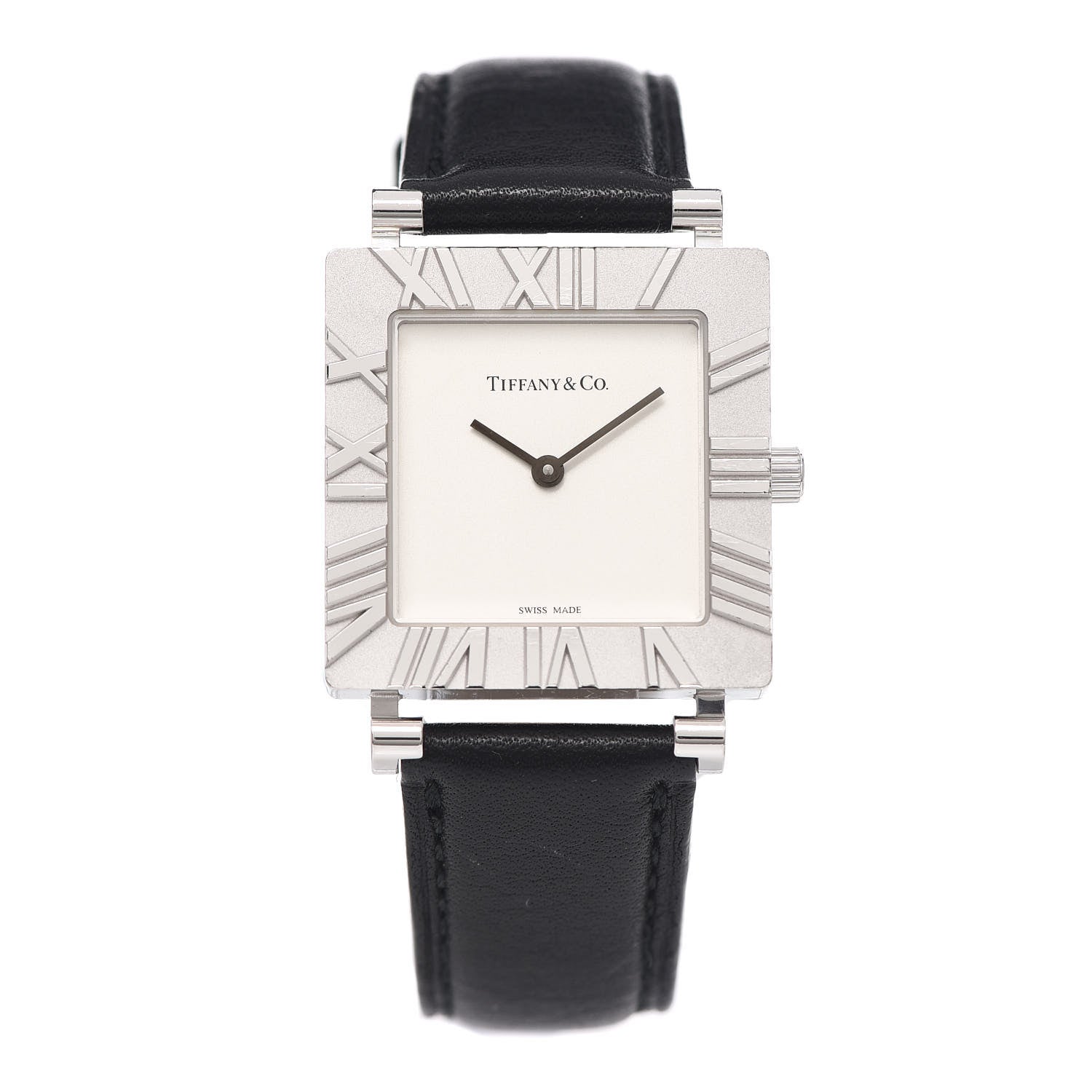 Tiffany Sterling Silver Calfskin 27mm Atlas Square Quartz Watch 1 of 4