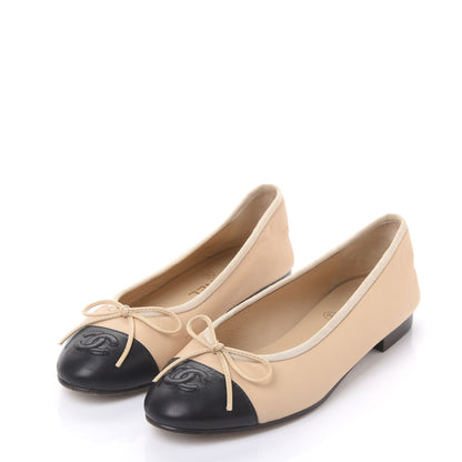 Chanel Lambskin Cap Toe CC Ballerina Flats 36 Beige Black 3 of 8