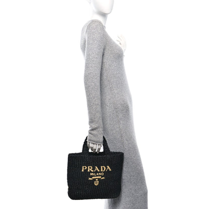 Prada Yarn Raffia Effect Crochet Small Logo Tote Black 2 of 9