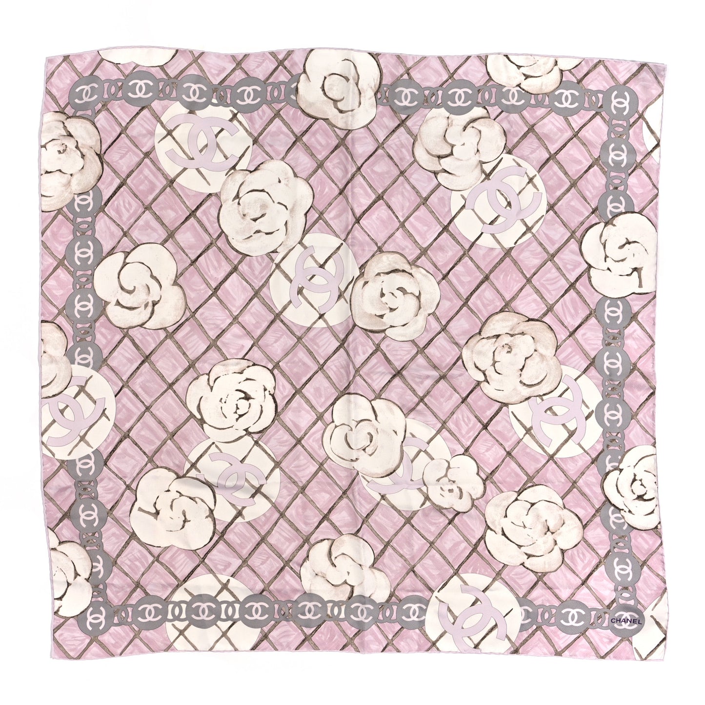 Silk CC Logo Camellia Scarf White Pink