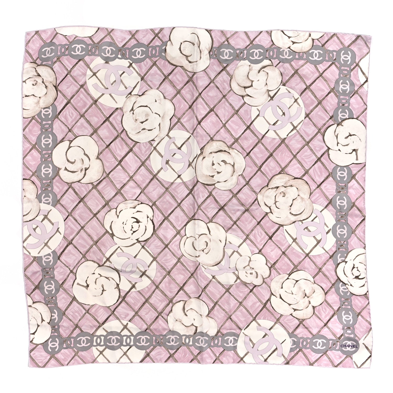Chanel Silk CC Logo Camellia Scarf White Pink 1 of 4