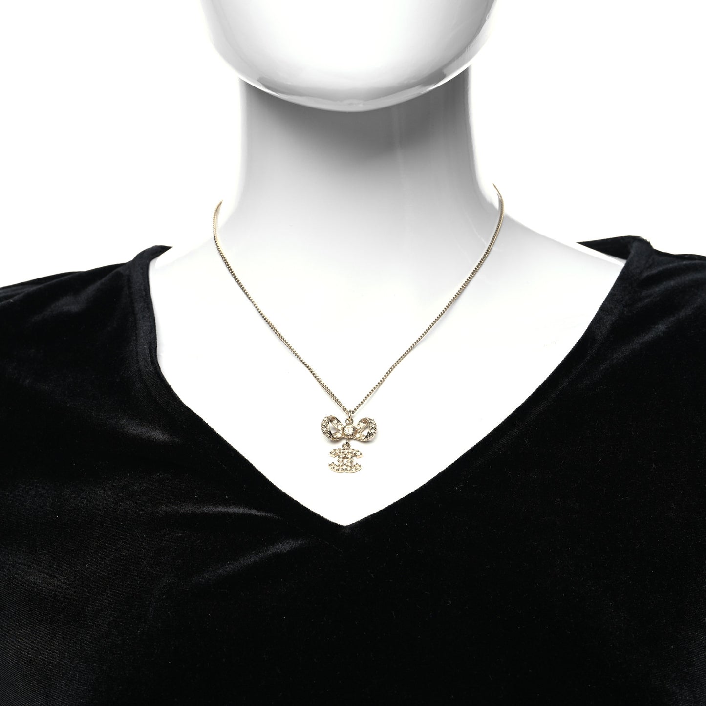 Metal Crystal CC Bow Drop Necklace Gold