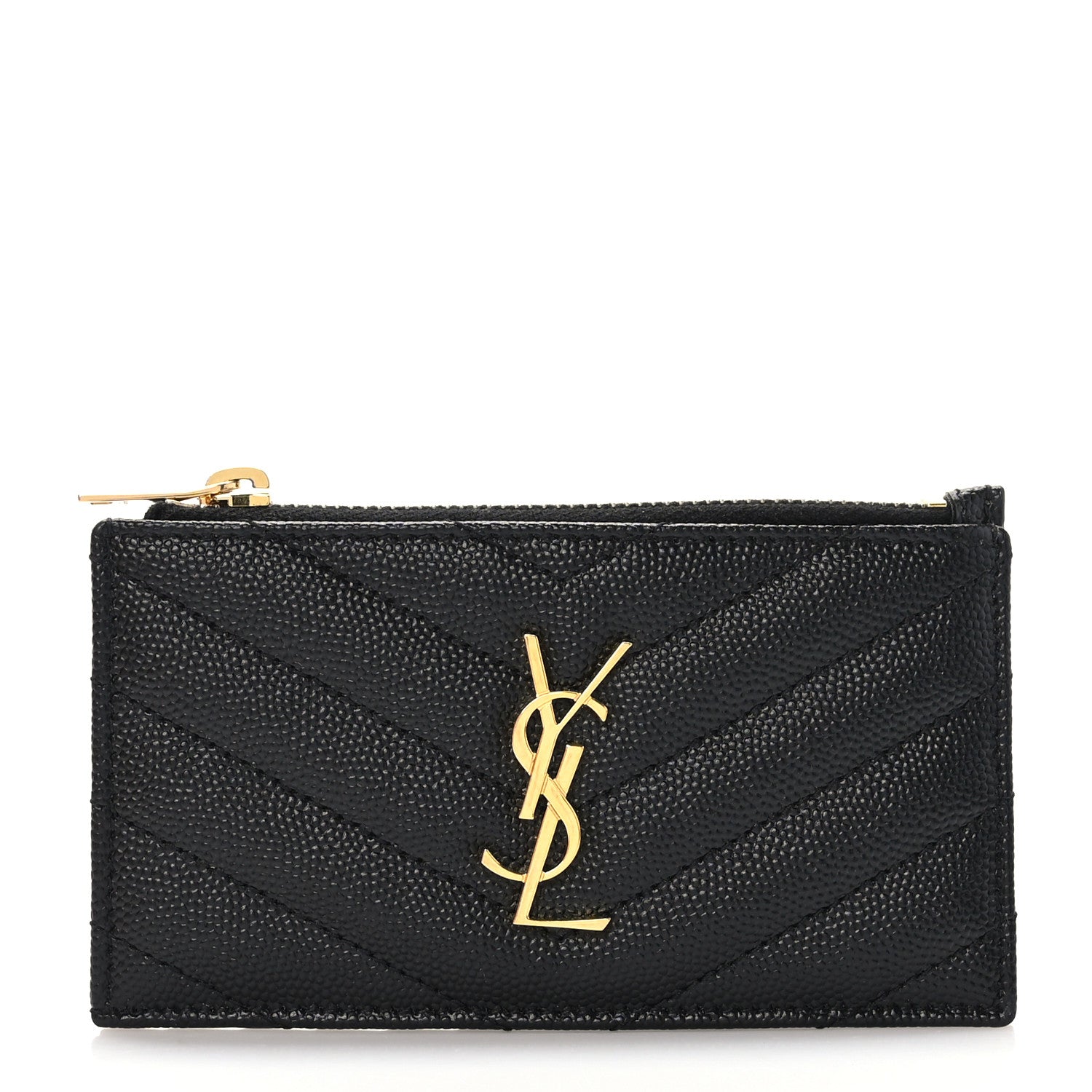 Saint Laurent Grain De Poudre Matelasse Chevron Monogram Fragments Zippered Card Case Black 1 of 7