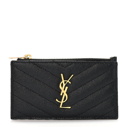 Saint Laurent Grain De Poudre Matelasse Chevron Monogram Fragments Zippered Card Case Black 1 of 7