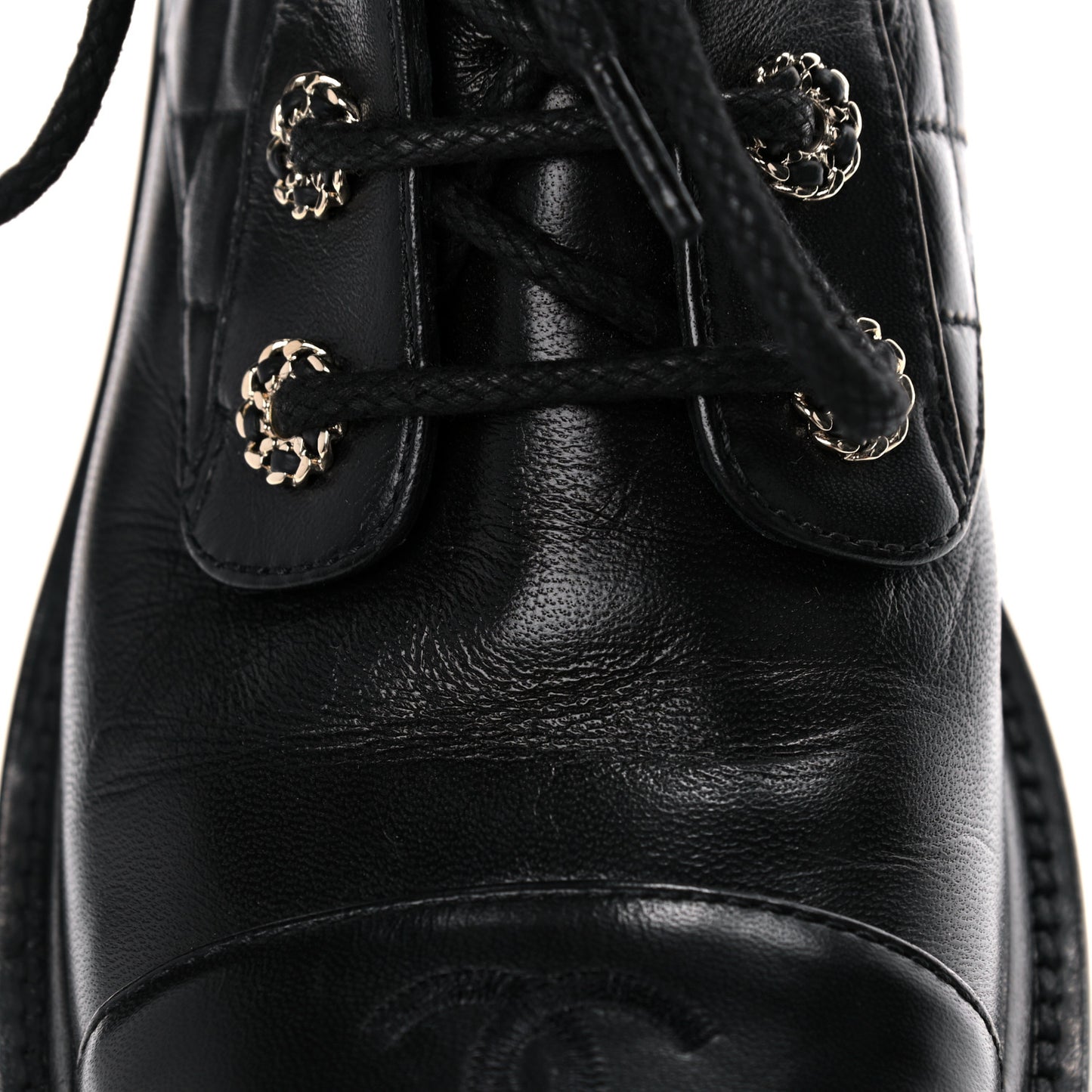 Shiny Lambskin Quilted Lace Up Combat Boots 38.5 Black