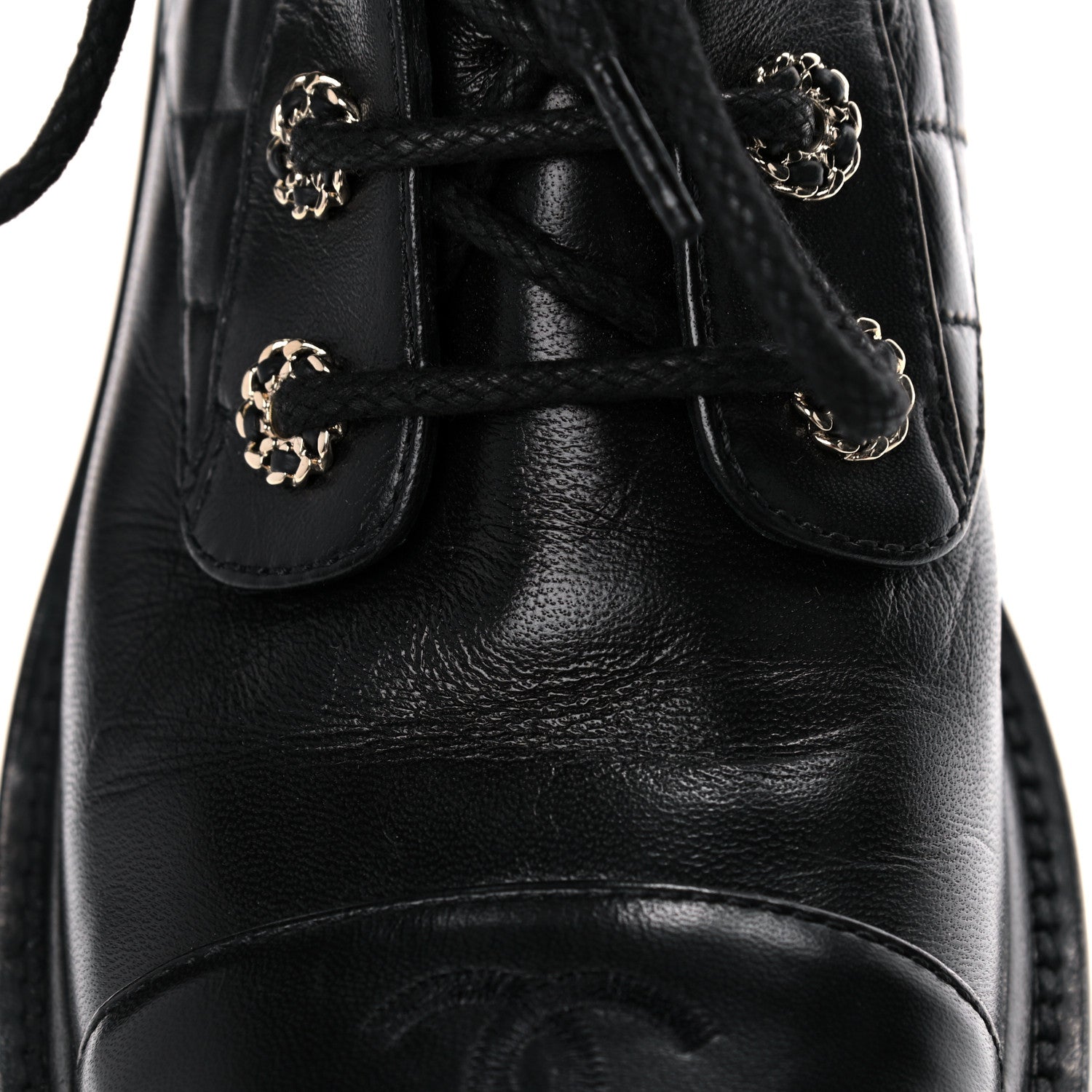 Chanel Shiny Lambskin Quilted Lace Up Combat Boots 38.5 Black 10 of 10