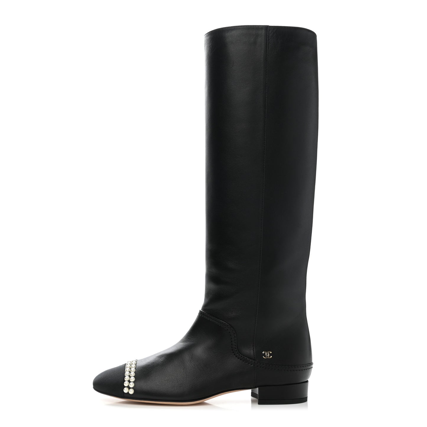 Calfskin Grosgrain Pearl Cap Toe High Boots 37.5 Black