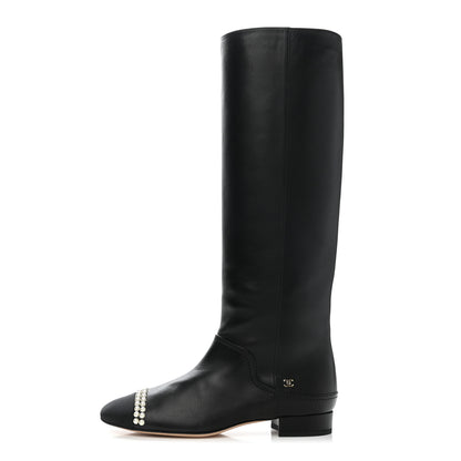Chanel Calfskin Grosgrain Pearl Cap Toe High Boots 37.5 Black 1 of 8