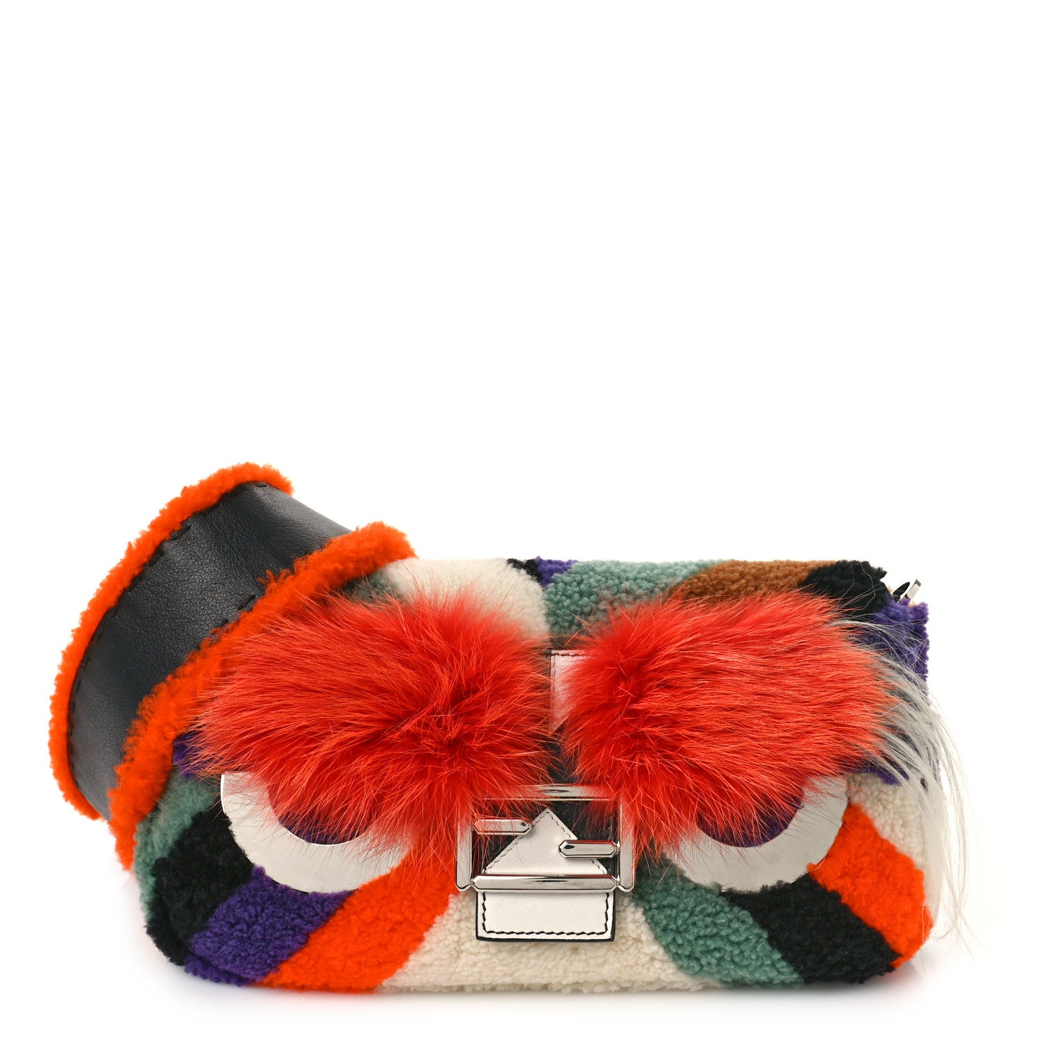 Fendi Shearling Calfskin Goat Fox Fur Bugs Baguette Orange Multicolor 1 of 7