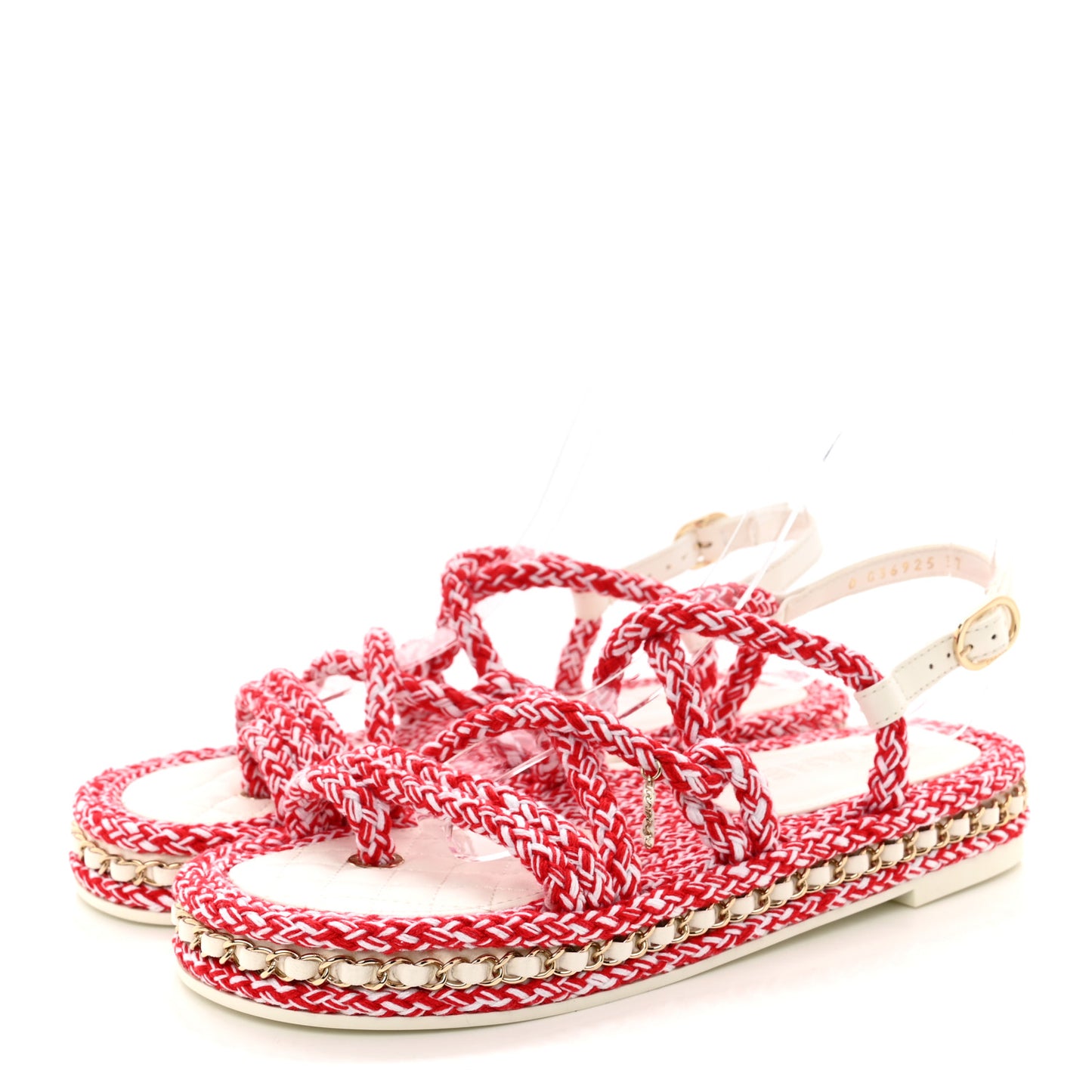 Lambskin Cord Chain CC Sandals 37 Red White