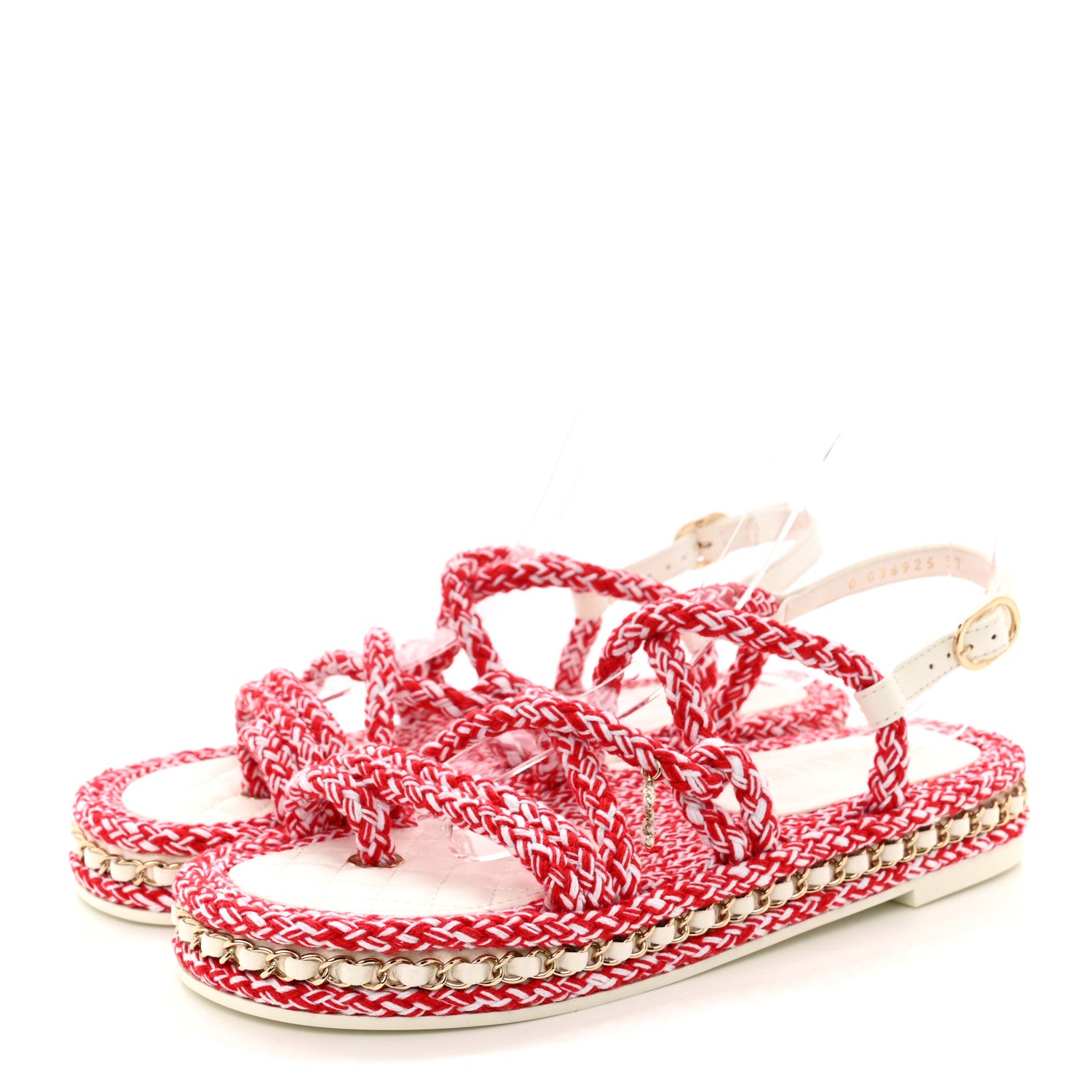 Chanel Lambskin Cord Chain CC Sandals 37 Red White 4 of 12