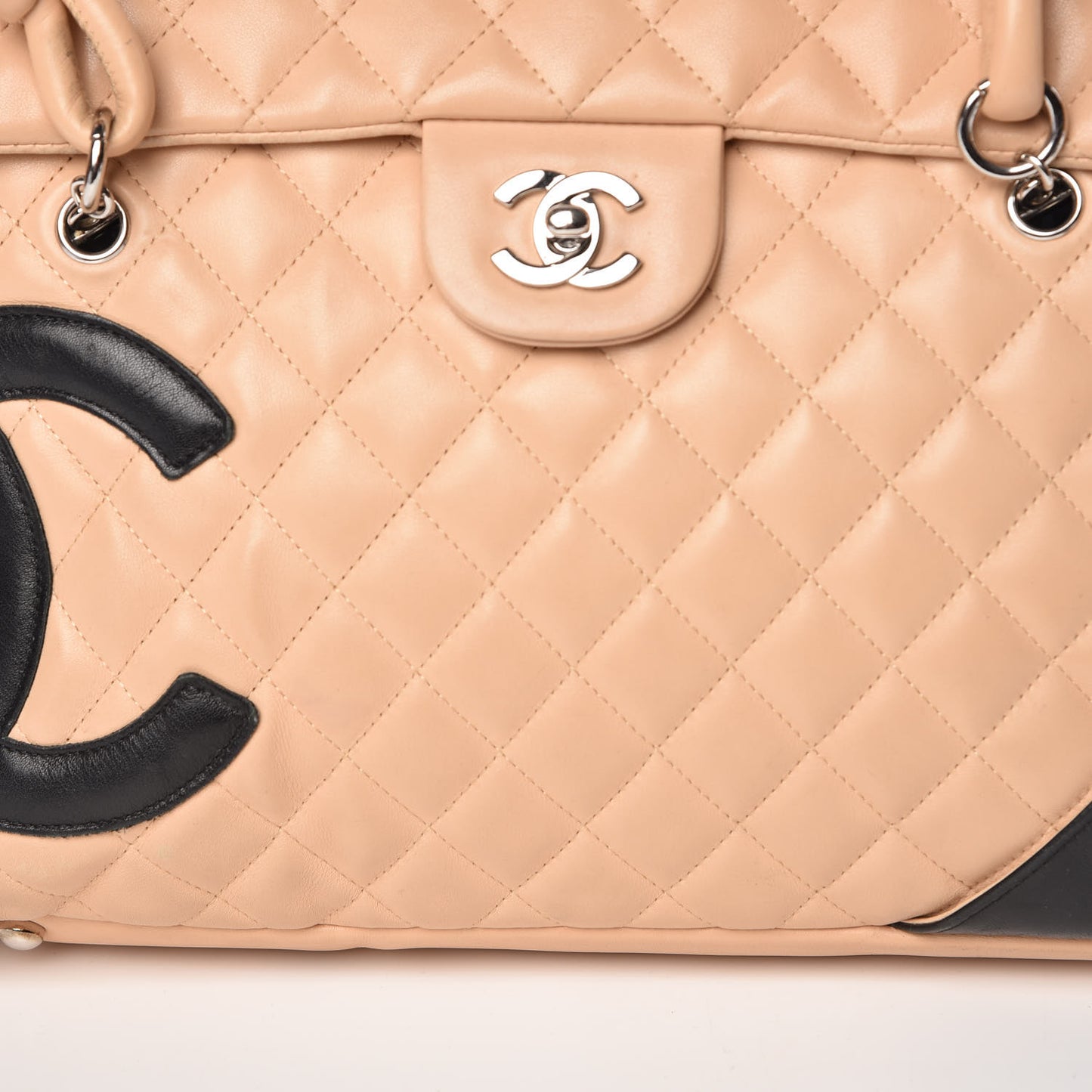 Calfskin Quilted Large Cambon Flap Beige Black